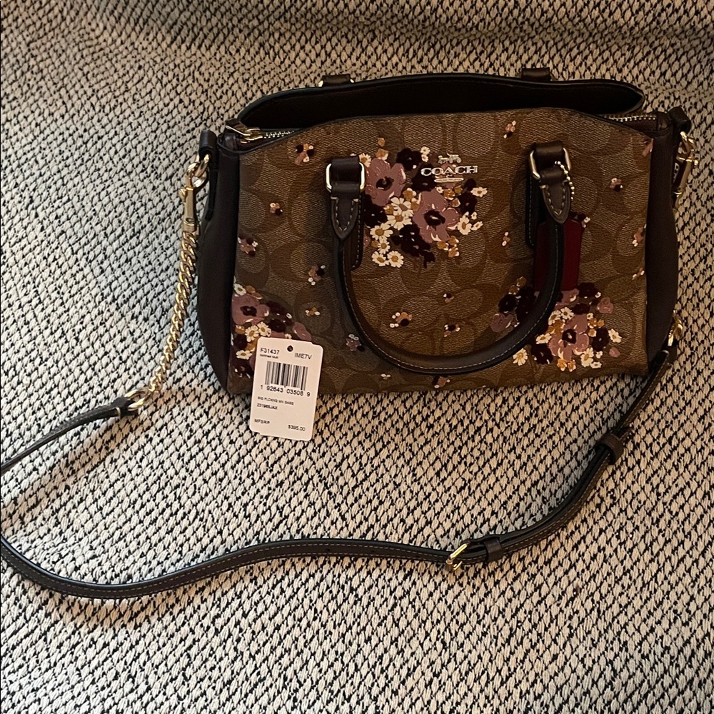 Coach Brown Crossbody Bag with Floral Design measurements in photos